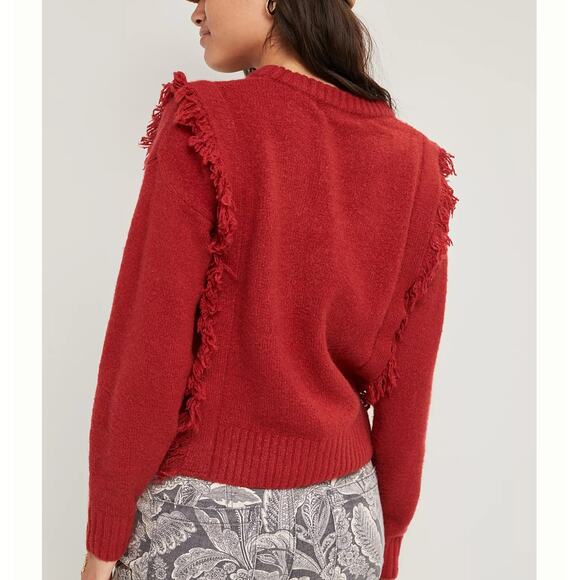 Anthropologie Mazie Fringe Pullover Sweater XS Long Sleeve Cropped Boho Rust Red - Picture 3 of 12